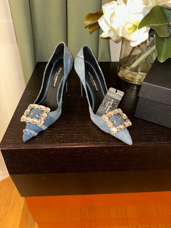 Dolce & Gabbana Shoes - Dolce & Gabbana Denim Pointed Toe Pumps with Jeweled Buckles size 40 worn once